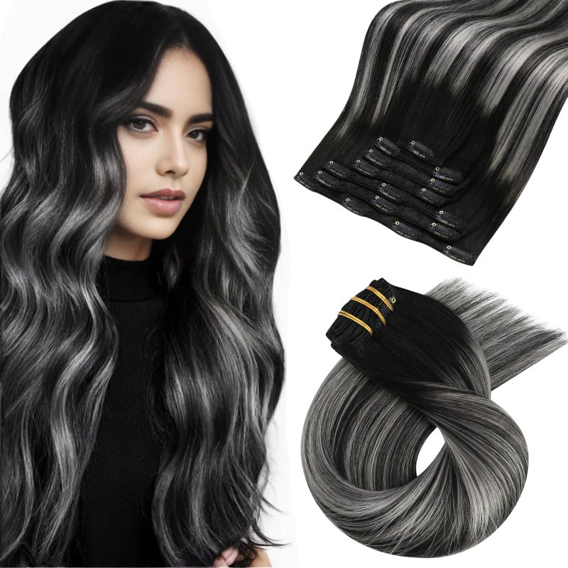 Moresoo Clip in Hair Extensions Black Ombre Grey Remy Double Weft Hair Extensions Clip ins Real Human Hair Balayage Black and Silver for Long Straight 7Pieces 120Grams 24inch